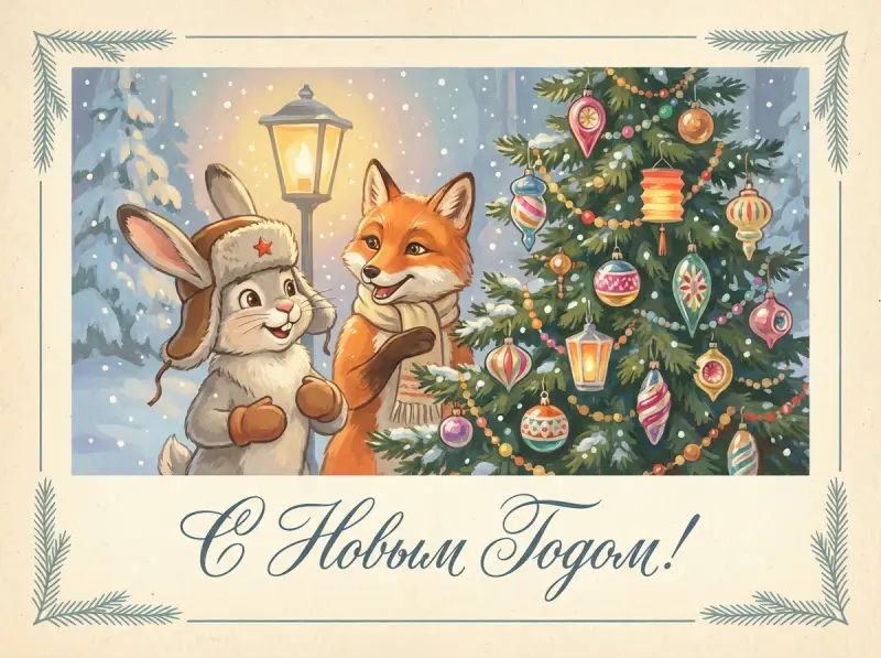 Новогодняя открытка с животными
