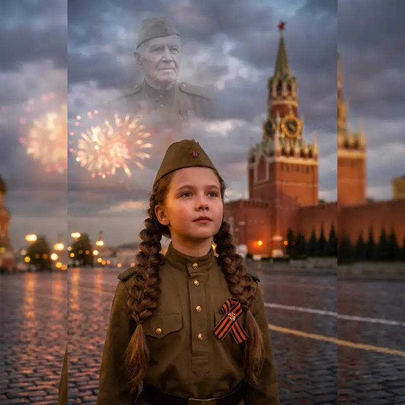 Девочка на Красной площади с салютом